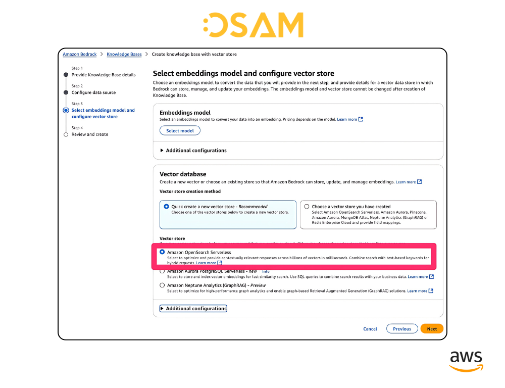 Select embeddings model and configure vector store