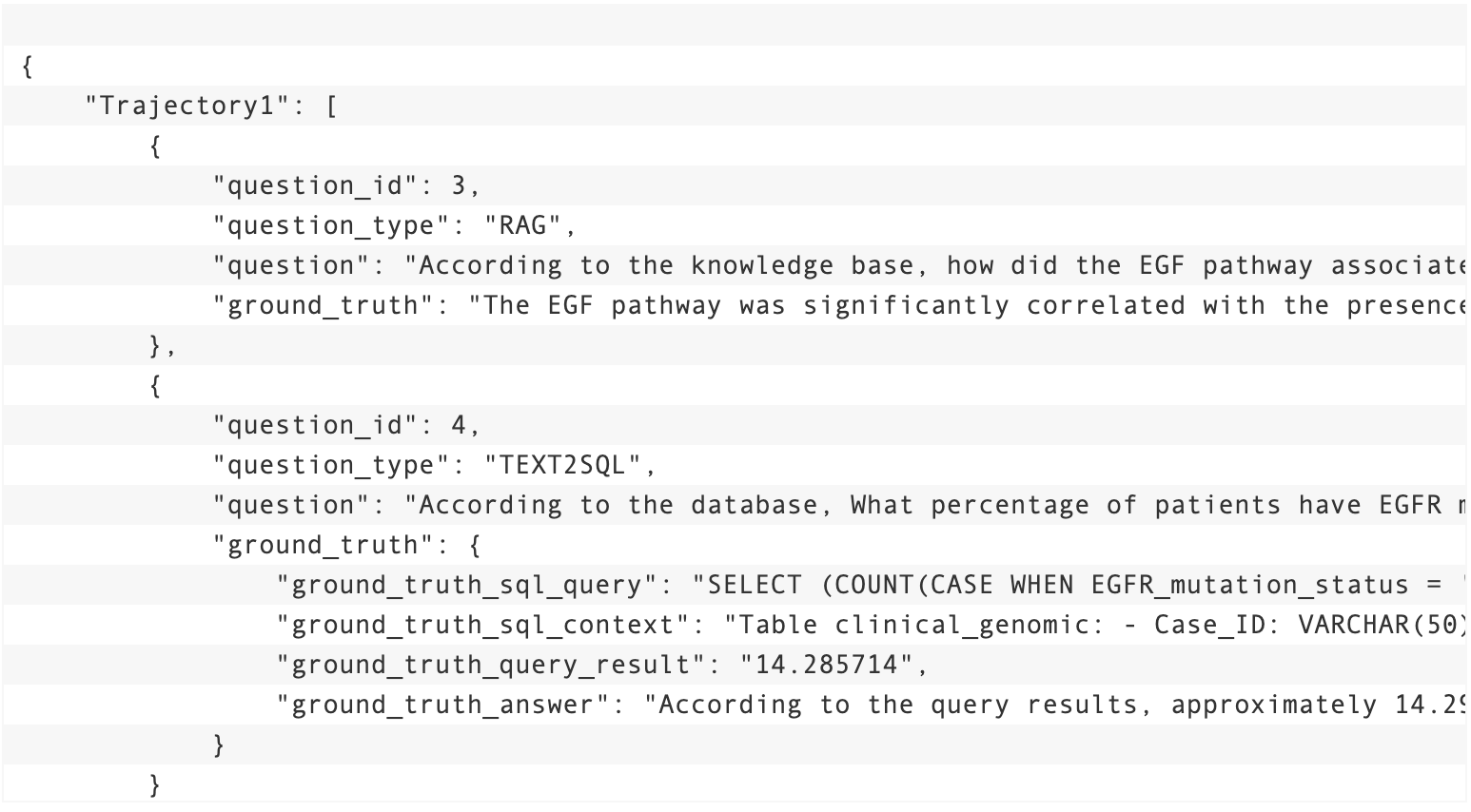 this agent against a trajectory containing a RAG question and a text-to-SQL question