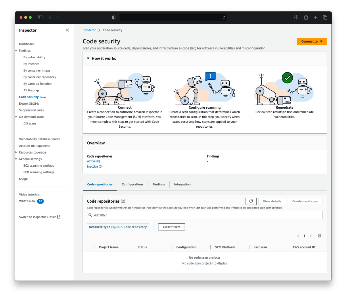 Trang đích bảo mật mã cho Amazon Inspector