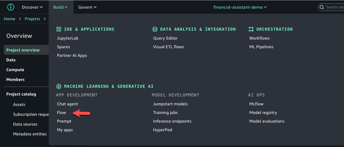 In SageMaker Unified Studio, on the Build menu, choose Flow under Machine Learning & Generative AI. 